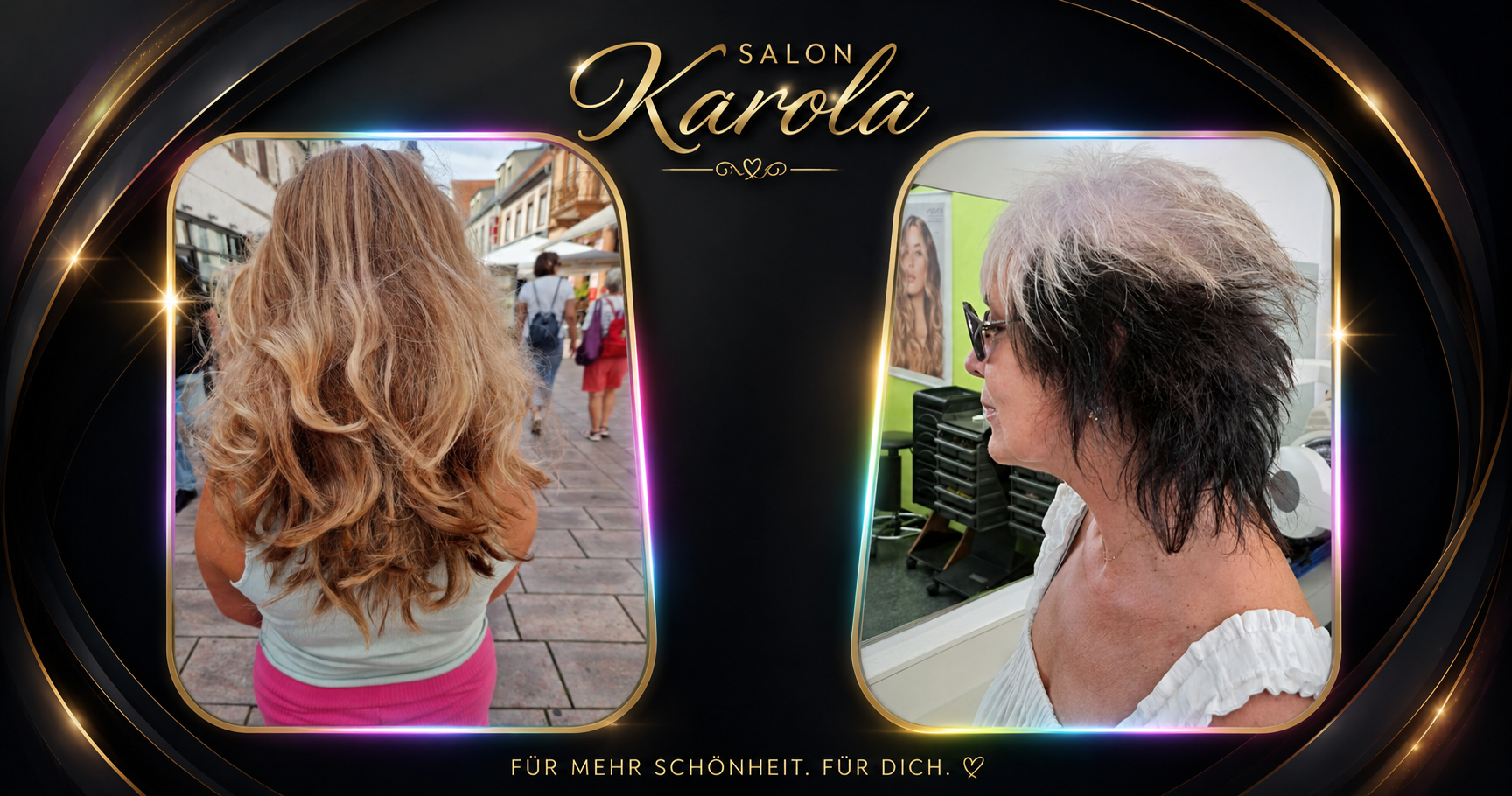Zwei individuelle Frisurenlooks im Salon Karola in Calw-Wimberg: lange blonde Wellen und ein markanter Schwarz-Silber-Kurzhaarschnitt